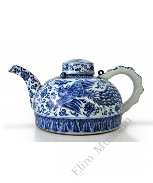 1485 A Ming b&w two phoenixes pattern bamboo-knots handle teapot 